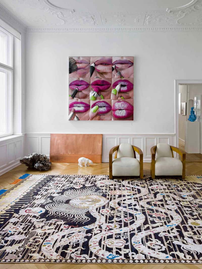 Dragon Circus auf Schwarz mit fetten Linien Teppich | Größe: 170 x 240 cm