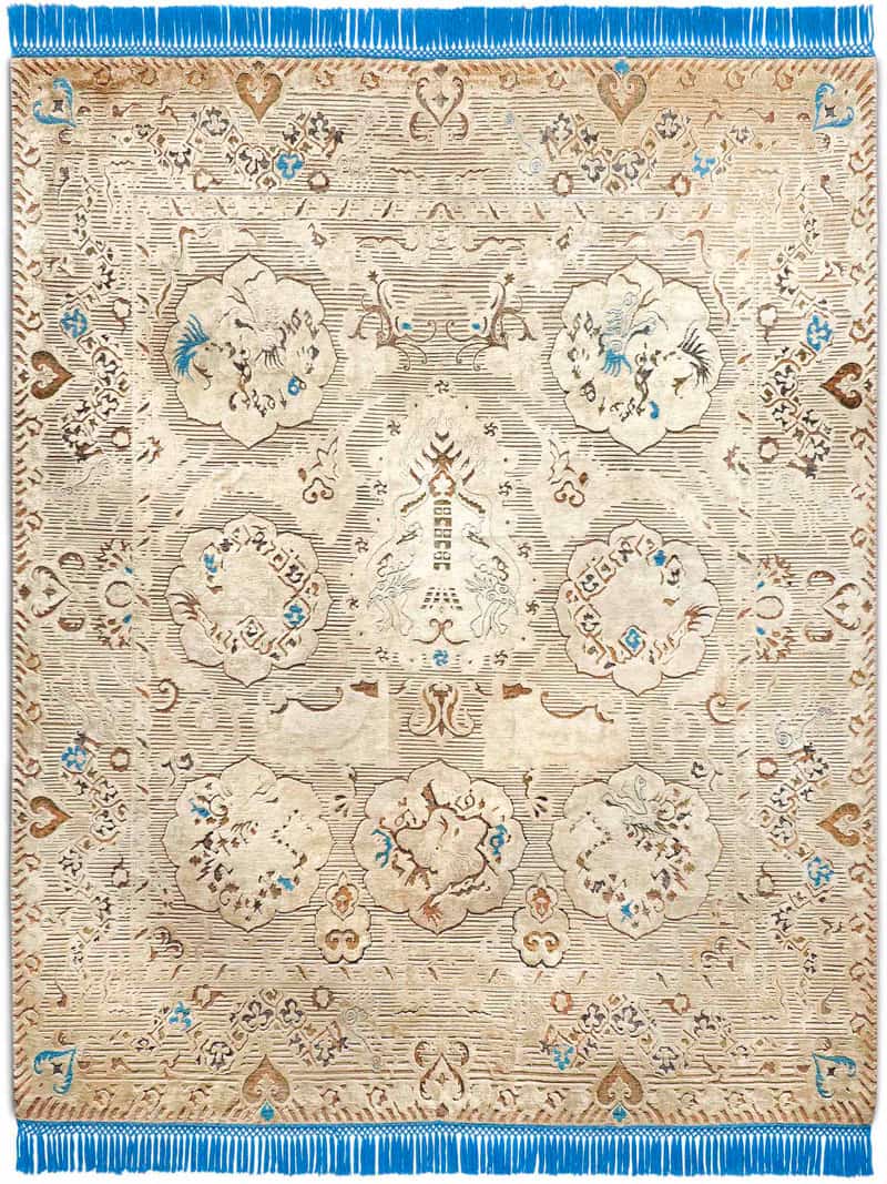 Dragon Electric Blue auf Creme mit feinen Linien Teppich | Größe: 300 x 400 cm