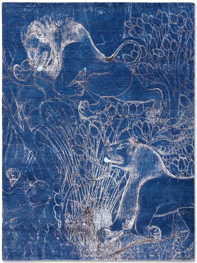 Two Lions White auf Navy Blue Teppich | Größe: 365 x 457 cm