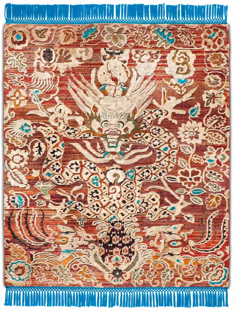 Dragon Electric Blue auf Rotmix Teppich | Größe: 170 x 240 cm