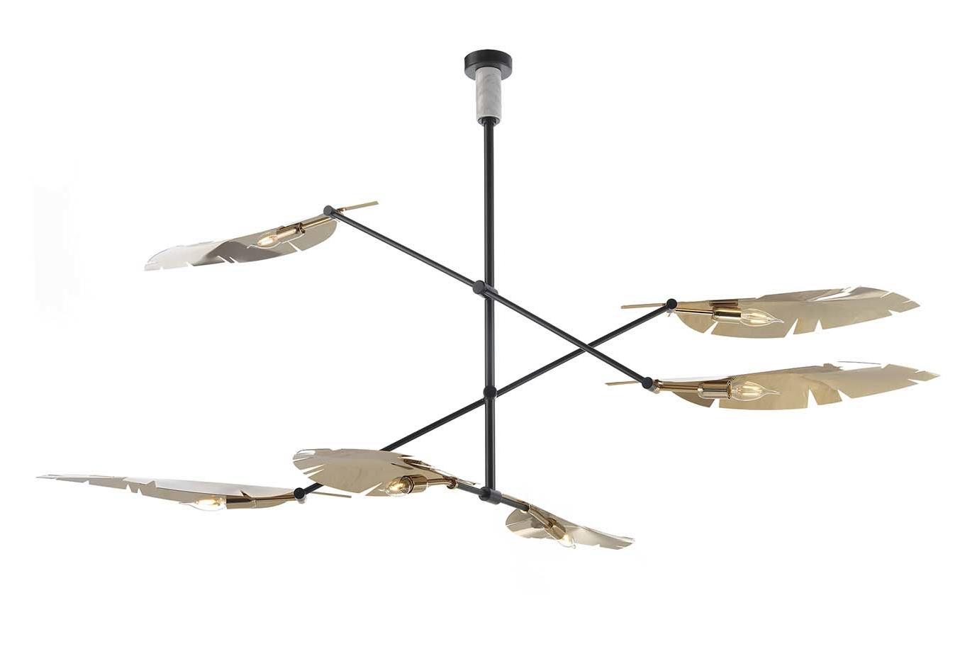 Leaf Soft Gold und Schwarzer Kronleuchter mit Carrara Marmor