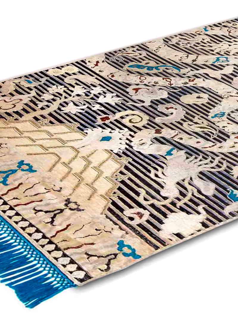 Dragon Electric Blue auf Schwarz mit feinen Linien Teppich | Größe: 100 x 300 cm