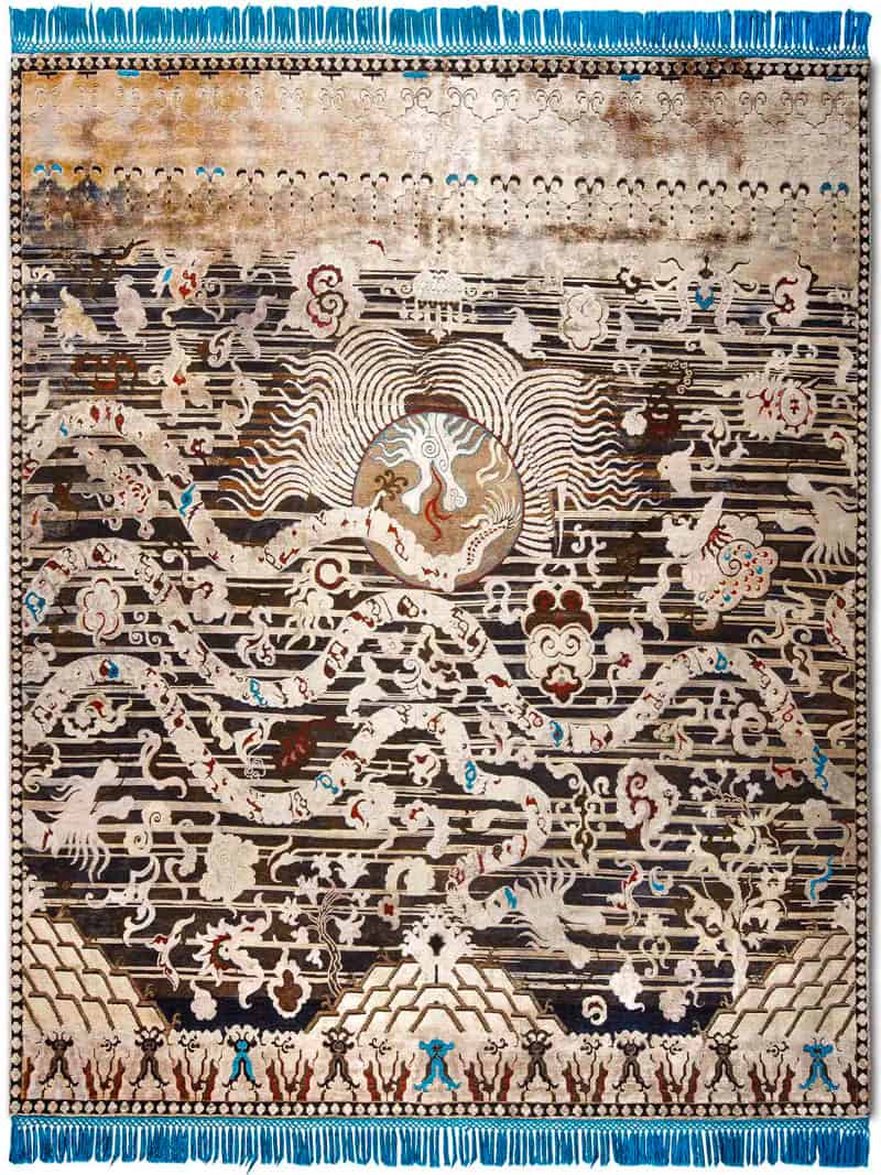 Dragon Electric Blue auf Schwarz mit fetten Linien Teppich | Größe: 305 x 427 cm