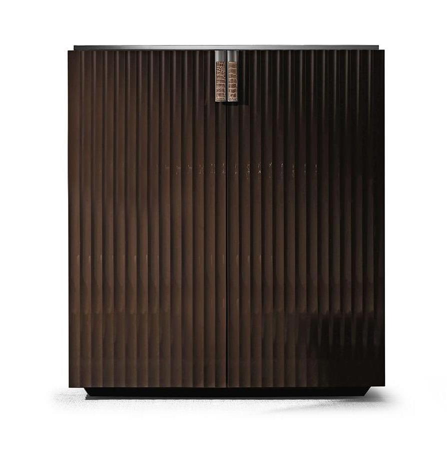 Feiner zweitüriger Schrank mit Leder- und Chromakzenten