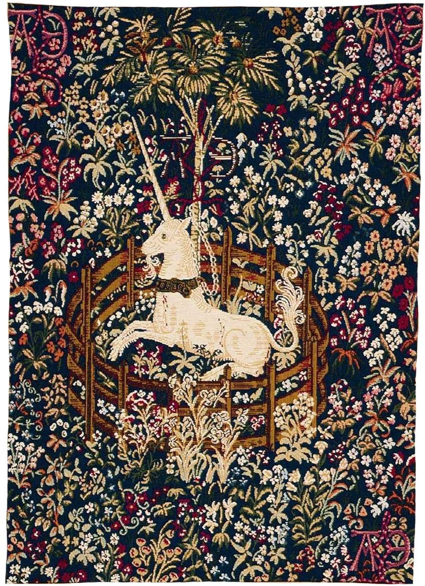 Gefangenes blaues Einhorn ohne Rahmen Wandteppich