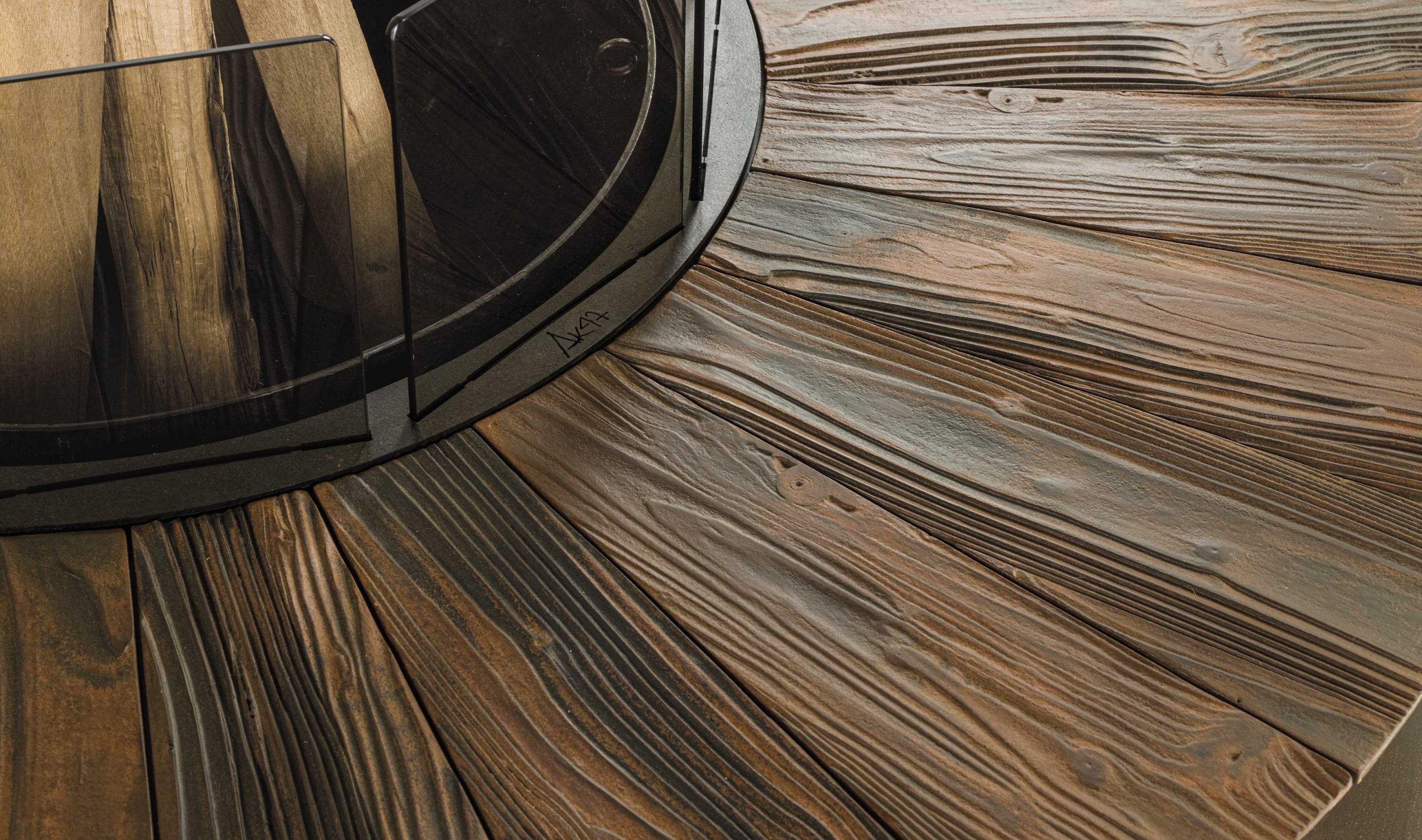 Zero Texture‑Feuerstelle | Fertigstellung: Iron Corten | Dimensions: Ø 300 cm