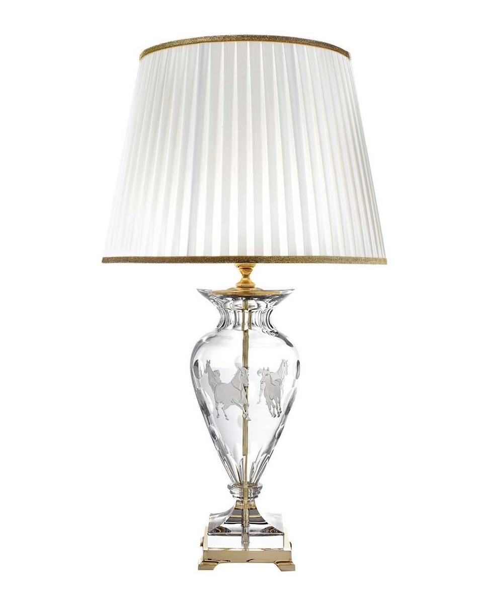 Polierter Gold Tischlampe mit graviertem Pferde-Kristall