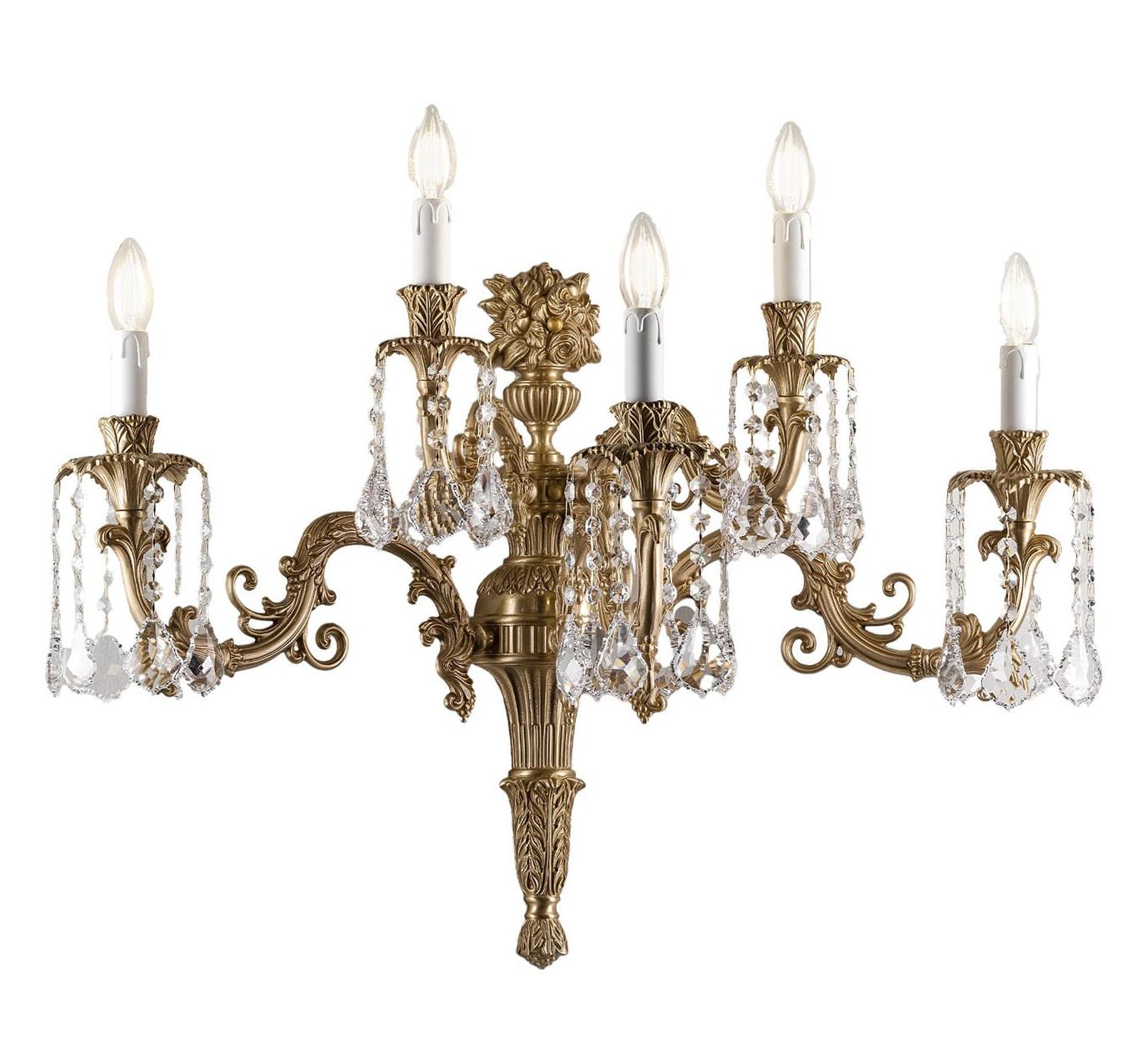 Barocker Messing-Wandleuchter mit Kristallbehang