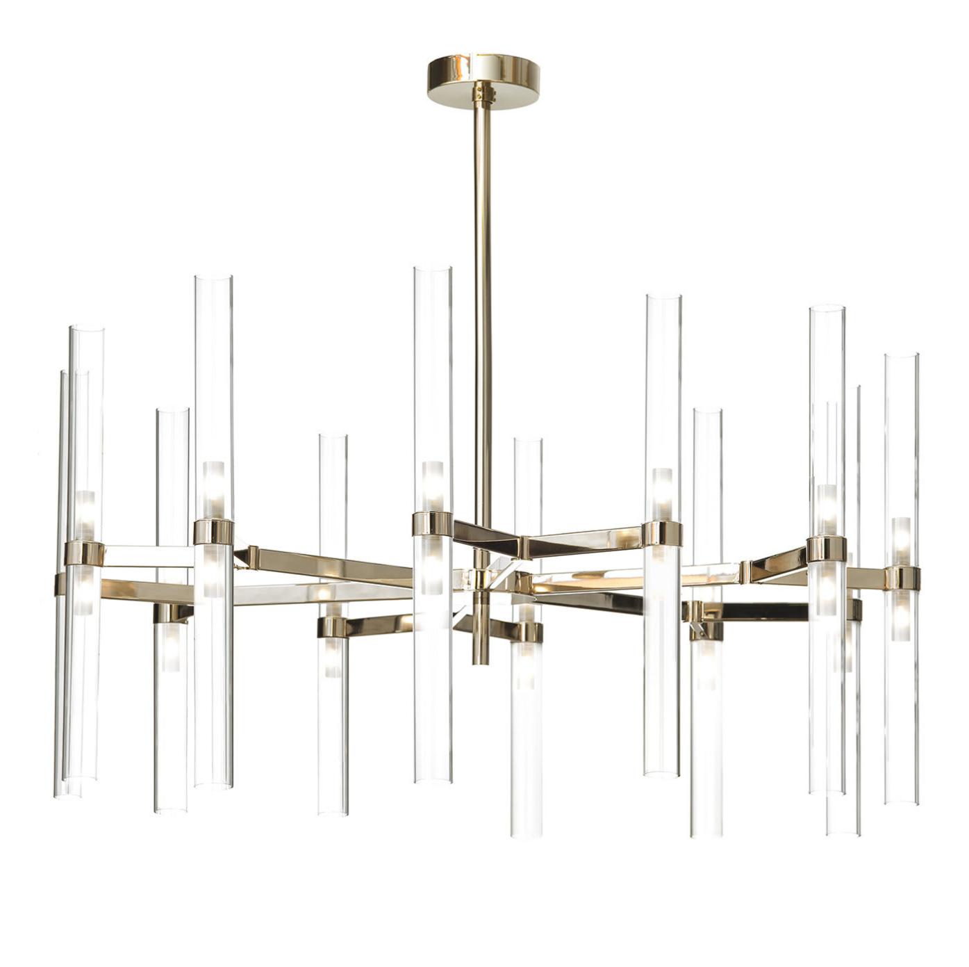 24-flammiger Soft Gold Glaszylinder-Kronleuchter