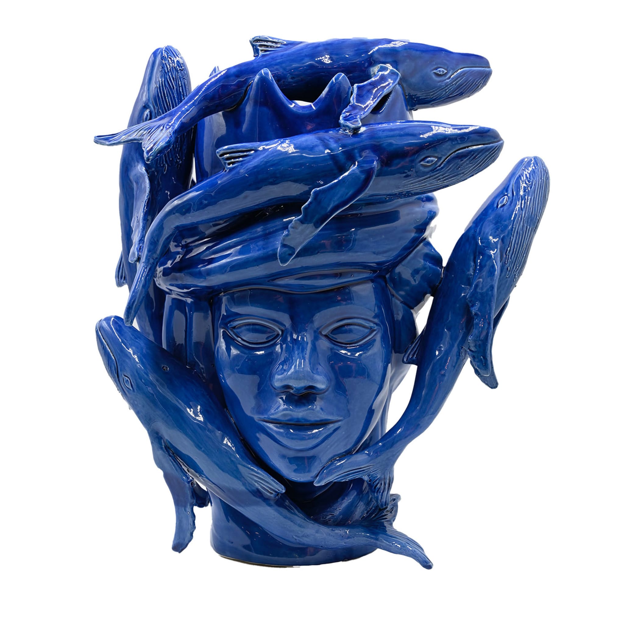 Maure‑Kopf glänzend blaue Skulptur
