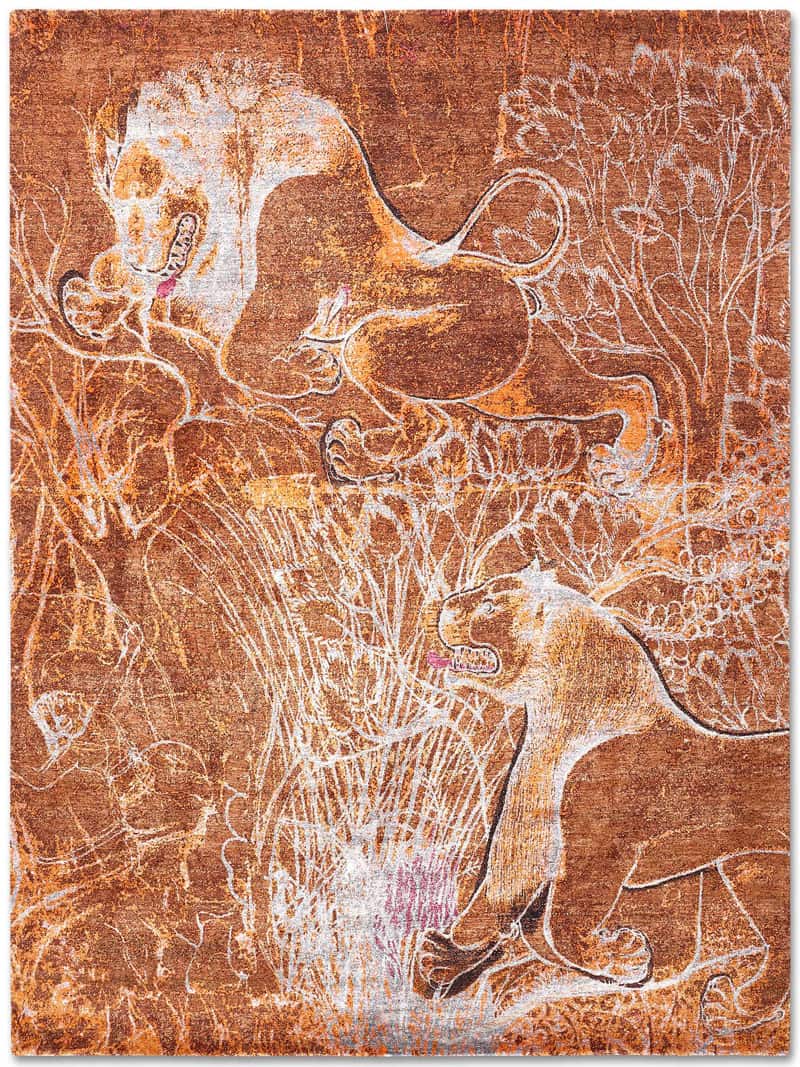 Two Lions Grau auf Kupfer‑Orange Teppich