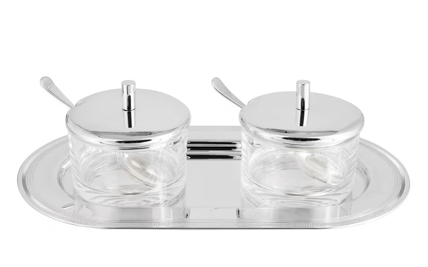 Versilberter Marmeladentopf‑Duo mit Serviertablett