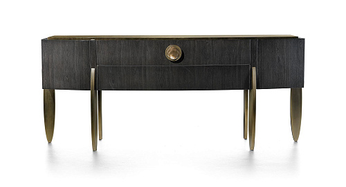 Elegance Ellipse Konsole mit Perlmuttakzenten und Bronze­beinen