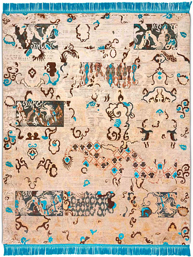 Dragon Electric Blue auf Creme mit feinen Linien Teppich