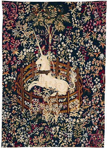 Gefangenes blaues Einhorn ohne Rahmen Wandteppich