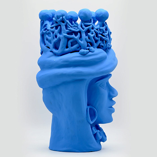 Maure‑Kopf hellblaue handgefertigte Skulptur