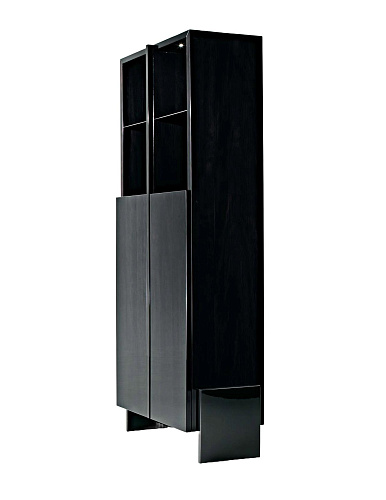 Schwarzes Bücherregal mit zwei Türen und Metalldetails