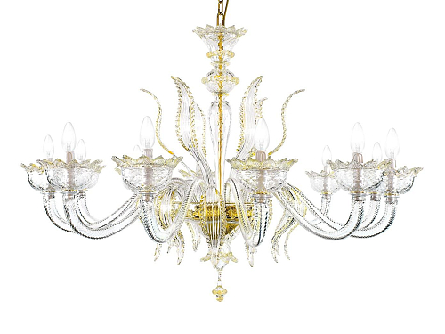 Eleganter 12-flammiger Murano-Kronleuchter in 24-Karat-Goldoptik