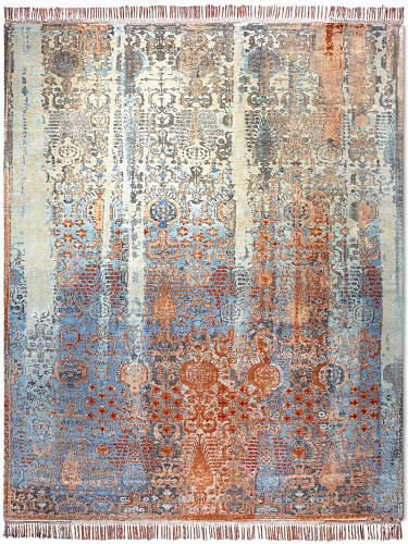 Woods Aqua auf Kupfer‑Orange Teppich