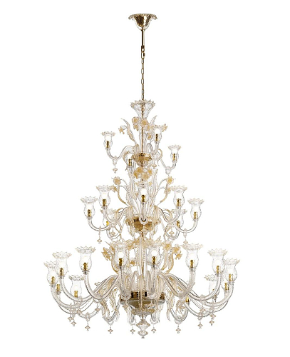 Murano-Glas 28-flammiger 3-stufiger Kronleuchter in 24-Karat-Gold